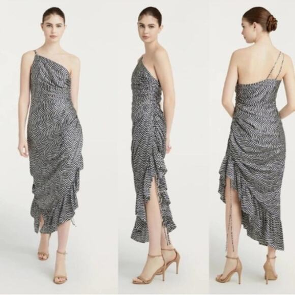 NEW Cinq A Sept Christel One-Shoulder Asymmetric Silk Midi Dress Zebra Print 8 - Picture 3 of 7